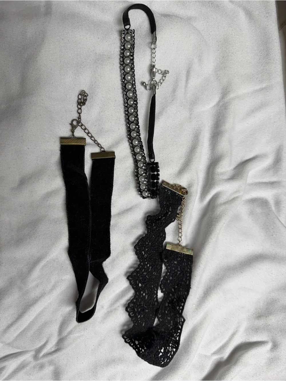 Set of Black Chokers - Velvet, Rhinestone & Lace